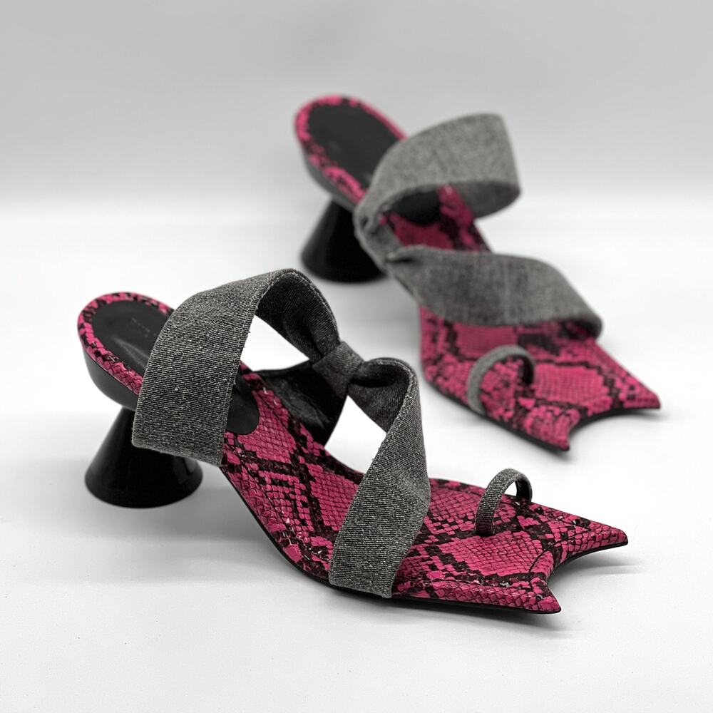 PAULA CANOVAS DEL VAS Diablo 90 Asymmetric Denim Strap Sandal Women 9 Pink Snake